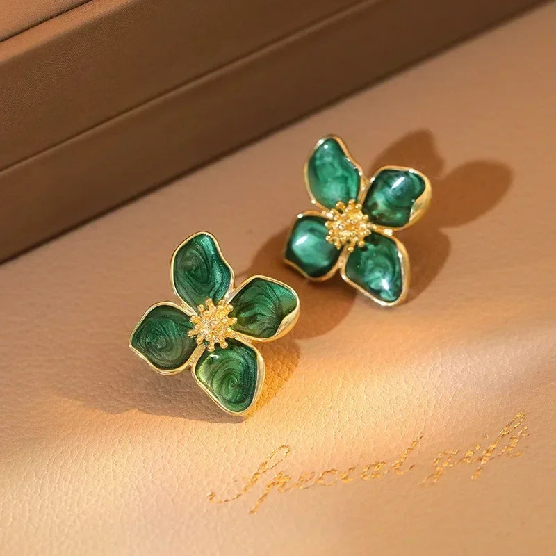 2025 New In Trend Korean Green Rose Color Flower Drop Earrings for Women Exaggerated Flower Hanging Sweet Earrings Jewelry Gift