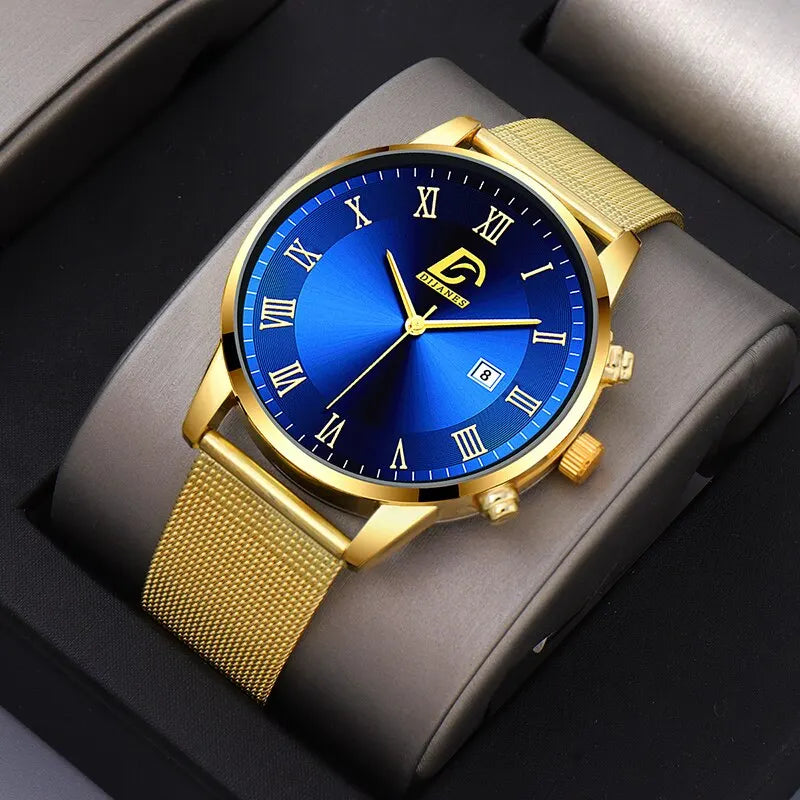 2PCS Set Fashion Mens Calendar Watches Luxury Men Business Golden Mesh Belt Quartz Watch Male Necklace Wristwatch