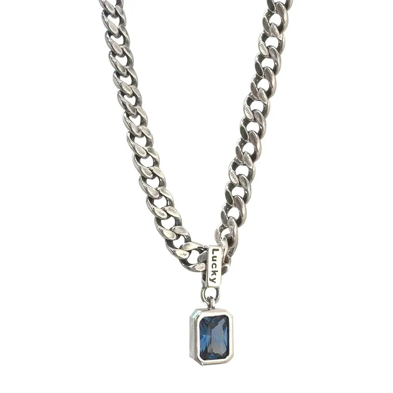 Personality Square Blue Zirconia Necklace Cuban Type Choker Matching Party Fashion Exquisite Women's Jewelry