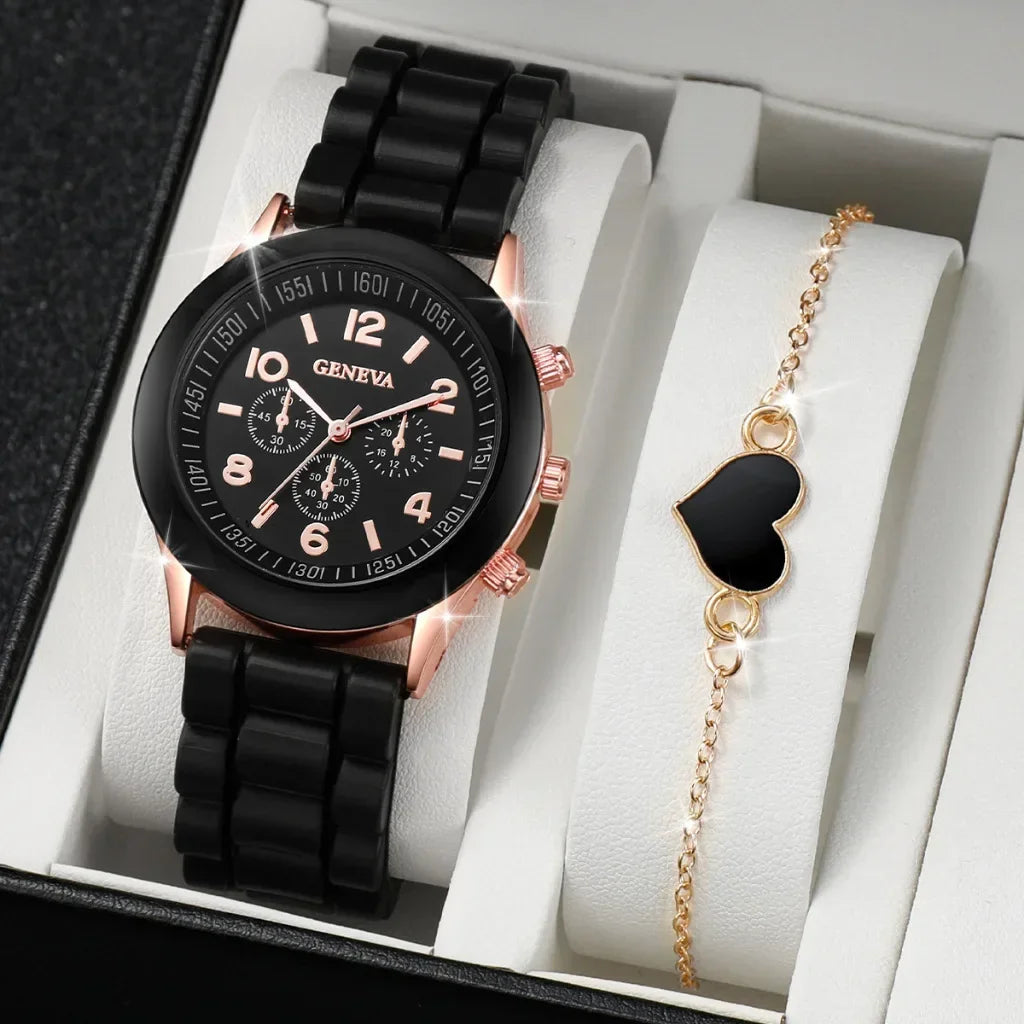 5/2PCS Set Luxury Watch Women Ring Necklace Earrings Rhinestone Wristwatch Female Casual Ladies Watches Bracelet Clock (No Box)