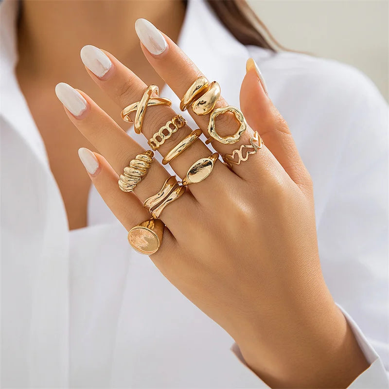 12 Pcs/Set Fashion Gold Color Irregular Geometric Open Rings For Women Men Punk Metal Adjustable Knuckle Joint Ring Jewelry Gift