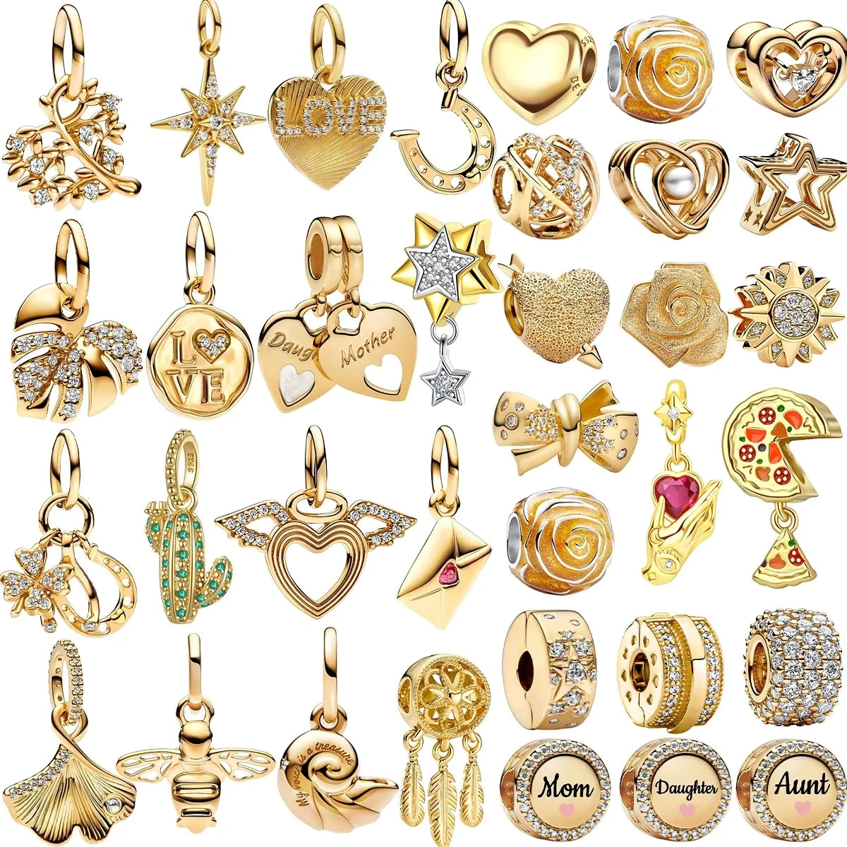 Original 925 Sterling Silver Gold Heart Charms Beads Sparkling MapleLeaf Safety Pendant For Women Bracelet DIY Fine Jewelry Gift