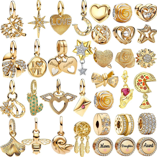 Original 925 Sterling Silver Gold Heart Charms Beads Sparkling MapleLeaf Safety Pendant For Women Bracelet DIY Fine Jewelry Gift