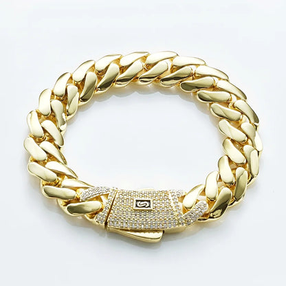 HHIOK Hot Sale Monaco 14k Gold Plated Mans Chain Iced Out Clasp Necklace Miami 12/15/20mm Brass Cuban Link Chain for Men
