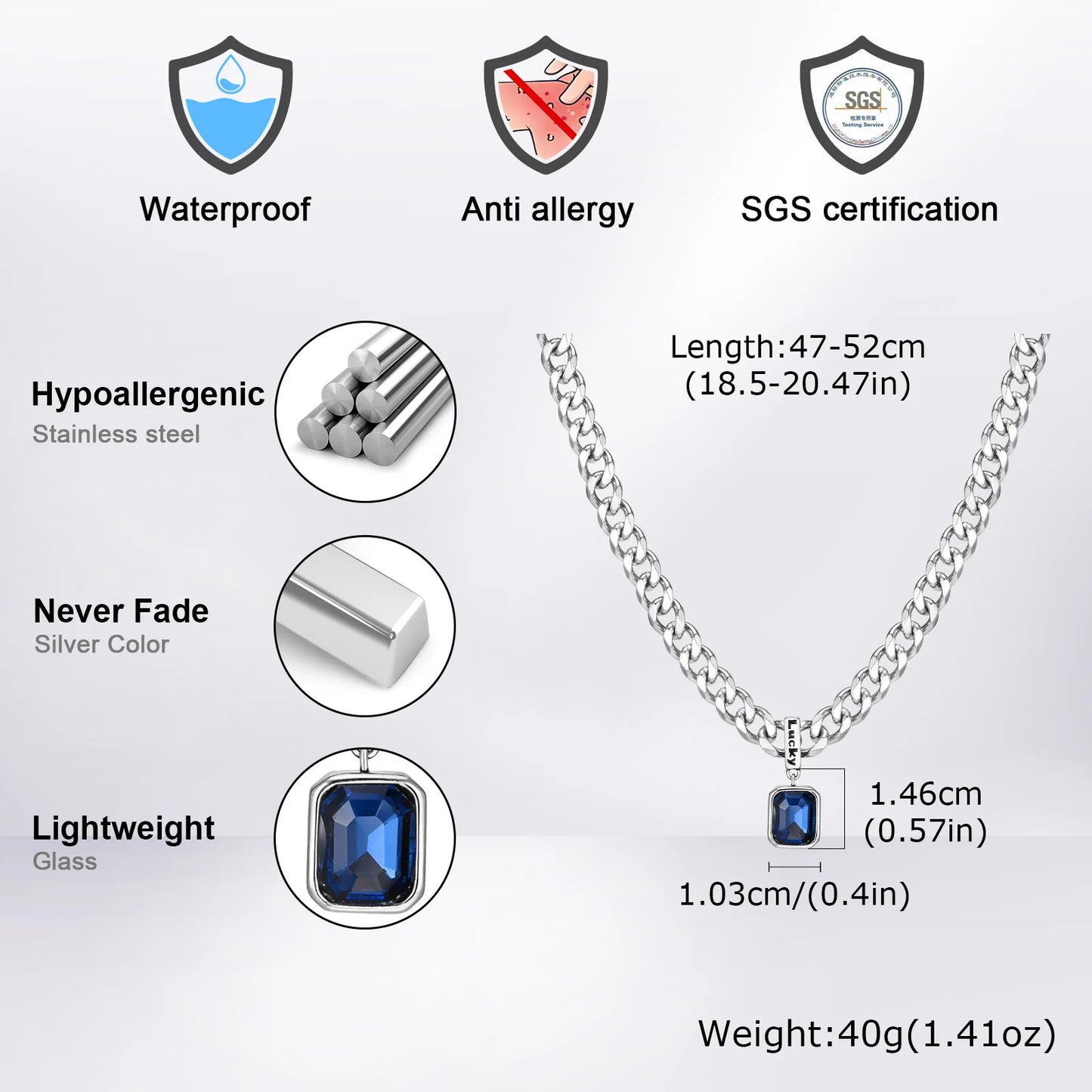 Hiphop Chunky Cuban Chain Necklace for Men Boys,Stainless Steel Lucky Words Square Stone Pendant Collar,Trendy Birthday Gift