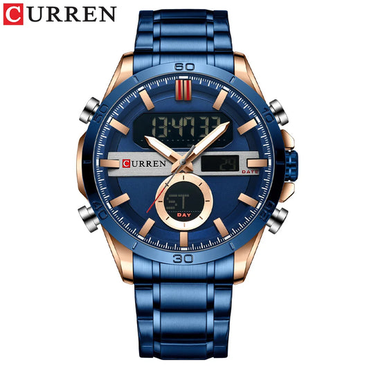 Curren 8384 Men's Multifunctional Watch, Dual-display Movement Luminous Calendar & Week Steel-strap Wristwatch