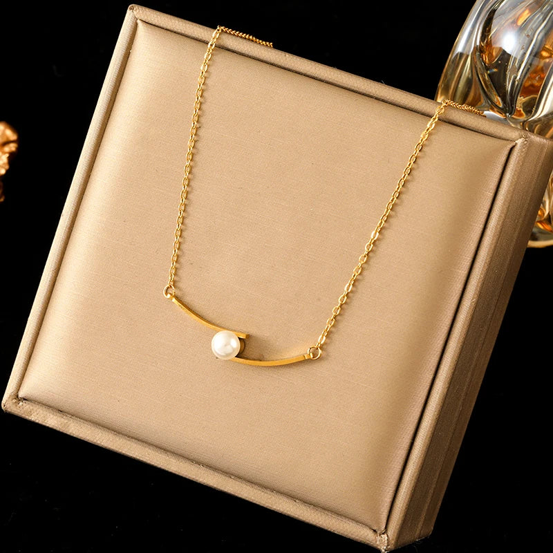 EILIECK 316L Stainless Steel Simple Zirconia Pearl Pendant Necklace For Women Fashion Collar Neck Chain Waterproof Jewelry Gift