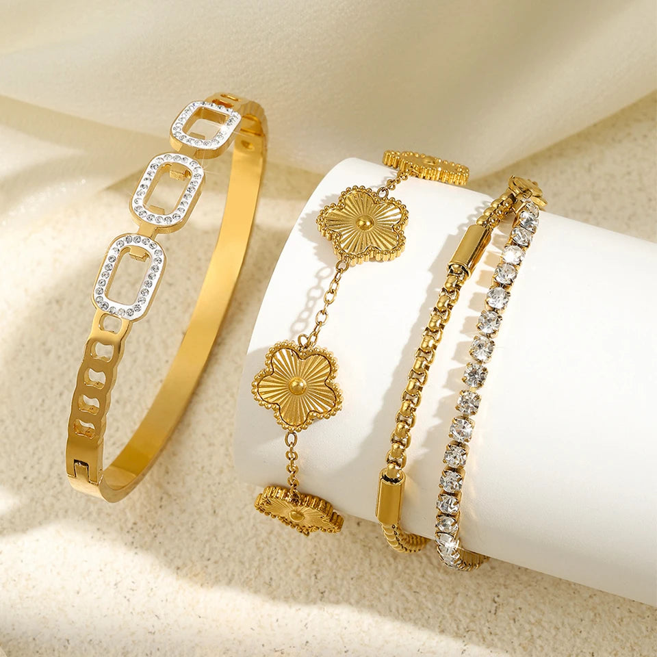 ZAKOL 3Pcs Gold Color Stainless Steel Stacked Bracelet Bangles for Women Geometric Five-Leaf Flower Zircon inlaid Bracelet Gift