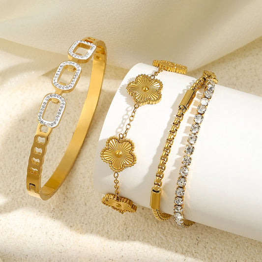 ZAKOL 3Pcs Gold Color Stainless Steel Stacked Bracelet Bangles for Women Geometric Five-Leaf Flower Zircon inlaid Bracelet Gift