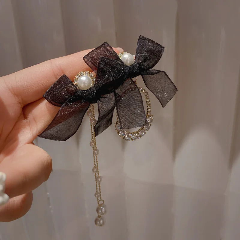 Korean Elegant Rhinestone Bowknot Drop Earrings for Women Girls Fashion Long Tassel Pearl Pendientes Weddings Party Jewelry