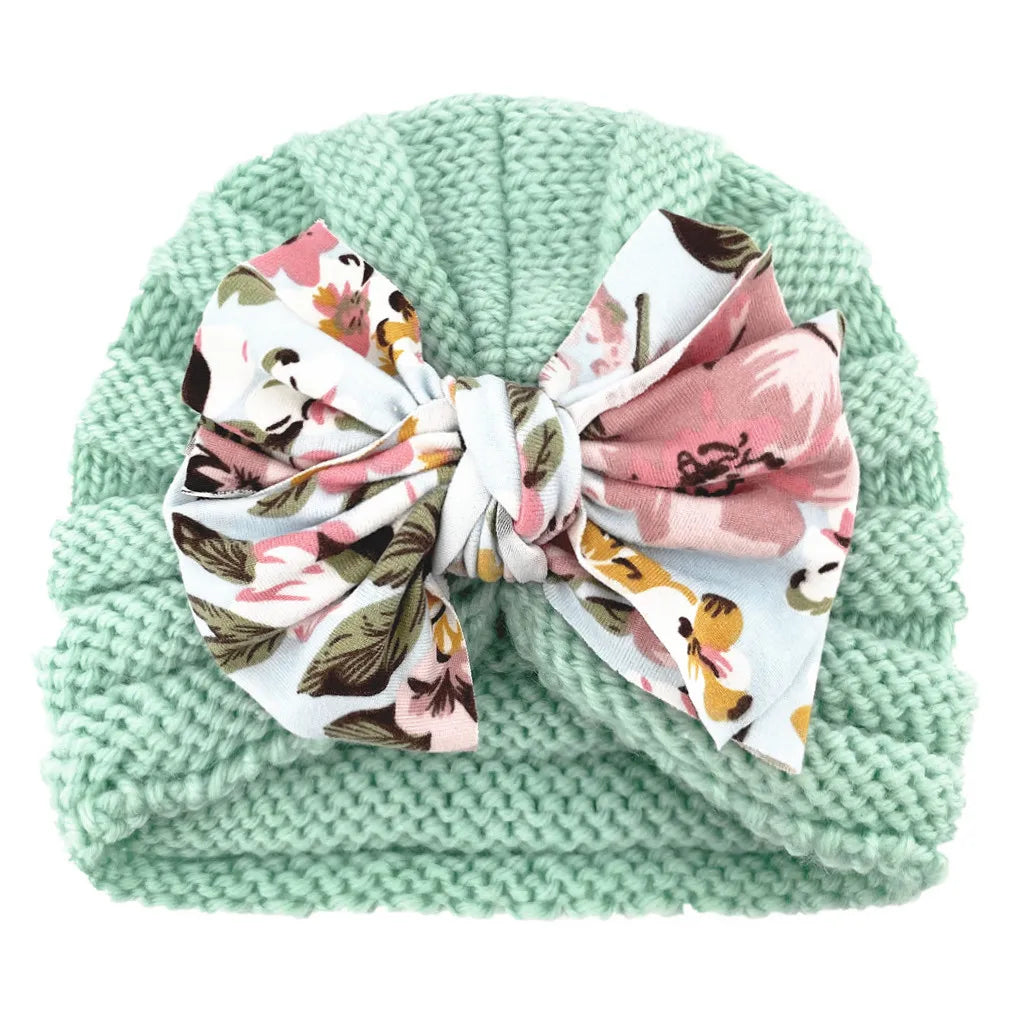 Autumn Winter Knitted Turban Cap For Baby Bow Indian Hat Solid Color Elastic Bandana Headband 0-6Month Newborn Beanie Headscarf