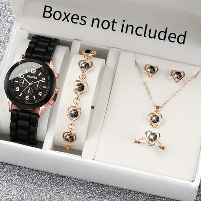 5PCS Set Luxury Watch Women Ring Necklace Earrings Pearl Rhinestone Wristwatch Female Casual Ladies Watches Bracelet (No Box)
