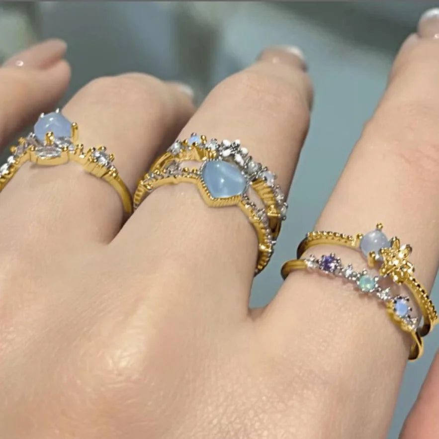 New Y2K Crystal Rings Kpop Heart Adjustable Ring Irregular Geometry Punk Vintage Rings Set for Women Girls 2024 Fashion Jewelry