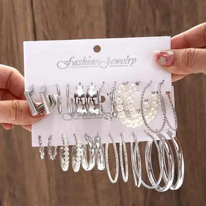 24 Pcs Fashion Vintage Hoop Earrings Set for Women Boho Metal Circle Geometric Twist Pearl Studs Earrings Trendy Jewelry Gifts