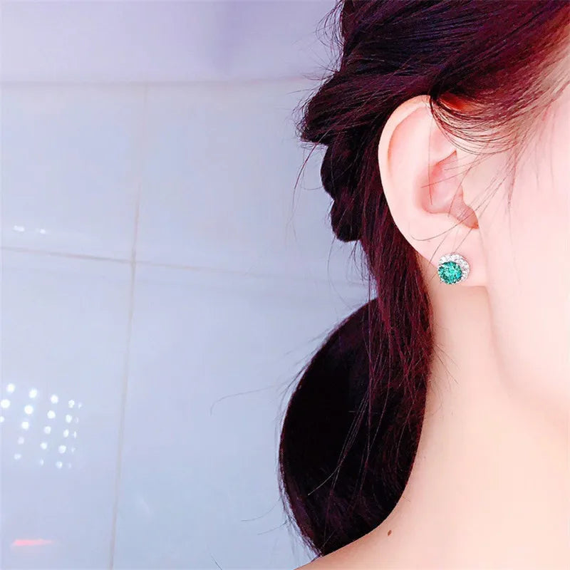 925 Sterling Silver Green Round CZ Stud Earrings  Flower Shape Simple Elegant Women's Ear Piercing Accessories New Jewelry