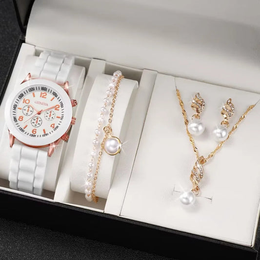 5PCS Set Luxury Watch Women Ring Necklace Earrings Pearl Rhinestone Wristwatch Female Casual Ladies Watches Bracelet (No Box)