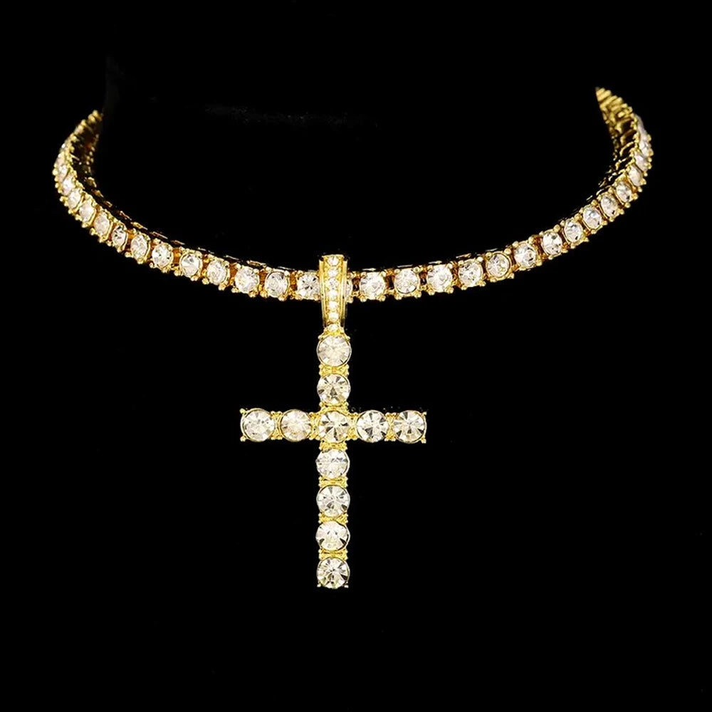 Men Women Hip Hop Cross Pendant Necklace Strap Men 4mm Zircon Tennis Chain Iced Sparkling Necklace Punk Jewelry Fashion Gift