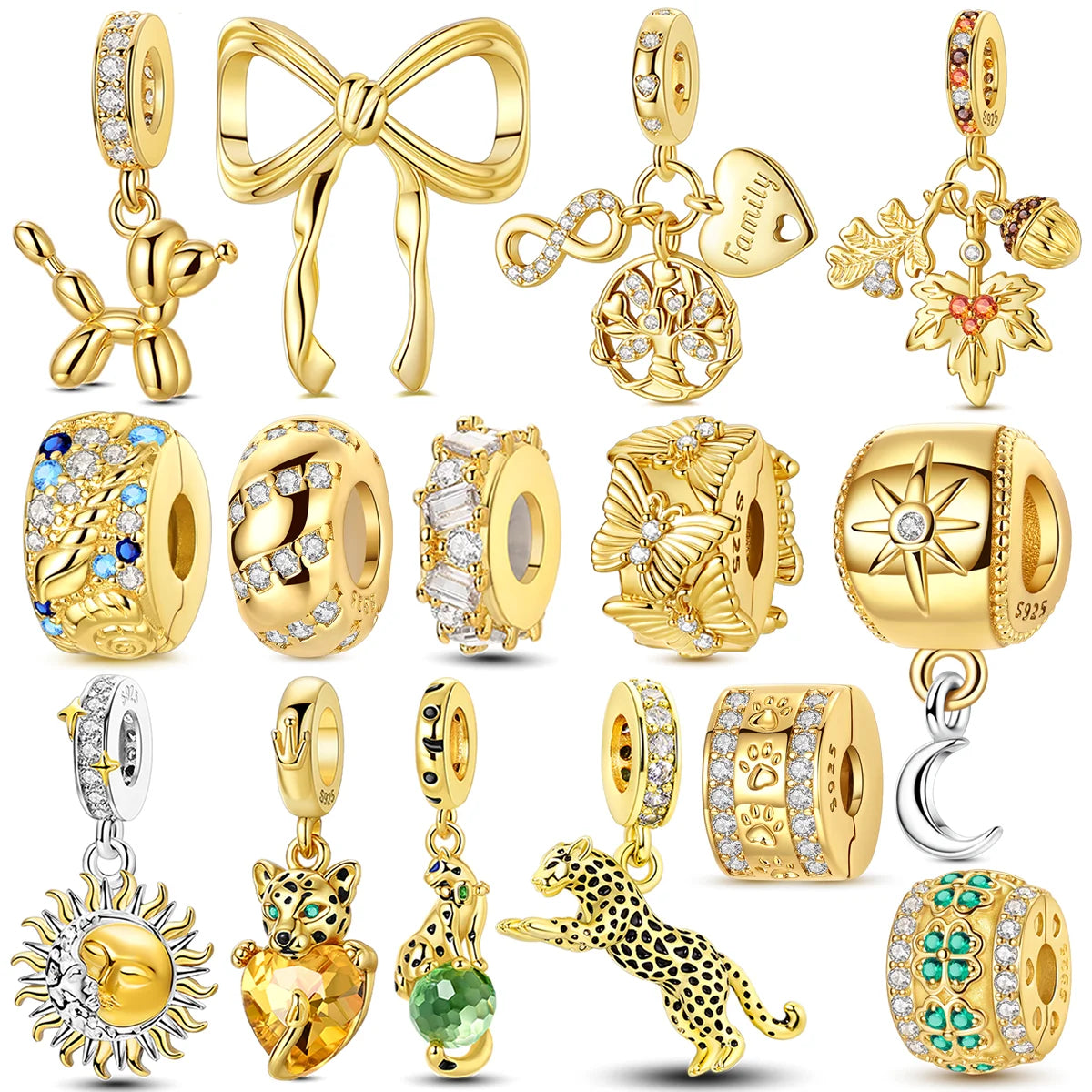Gold Series DIY Charms Bead Original 925 Sterling Silver Inlaid Zirconium Sun Leopard Pendants Fit Bracelet Jewelry Gift Marking