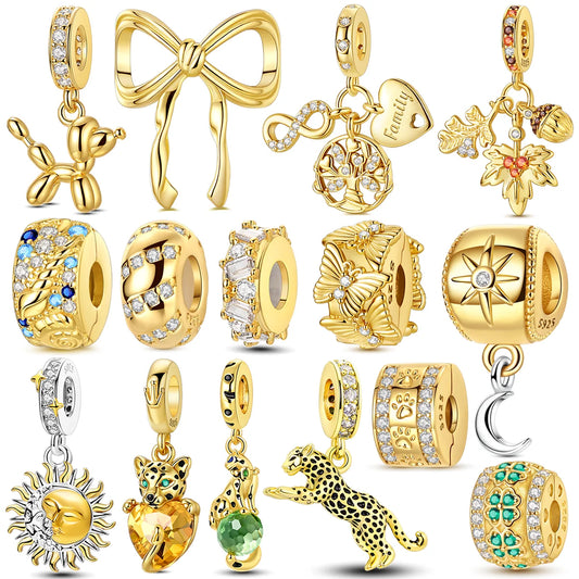 Gold Series DIY Charms Bead Original 925 Sterling Silver Inlaid Zirconium Sun Leopard Pendants Fit Bracelet Jewelry Gift Marking