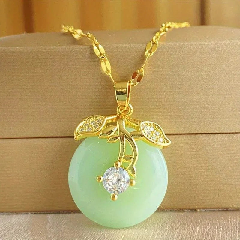 18k Gold Plated Titanium Steel Chain Fashion Chinese Style Imitation Jade Lucky Leaf Pendant Necklace Anniversary Gift
