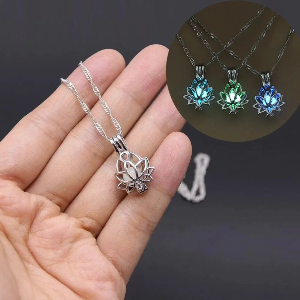 Luminous Glowing In The Dark Moon Lotus Flower Shaped Pendant Necklace For Women Yoga Prayer