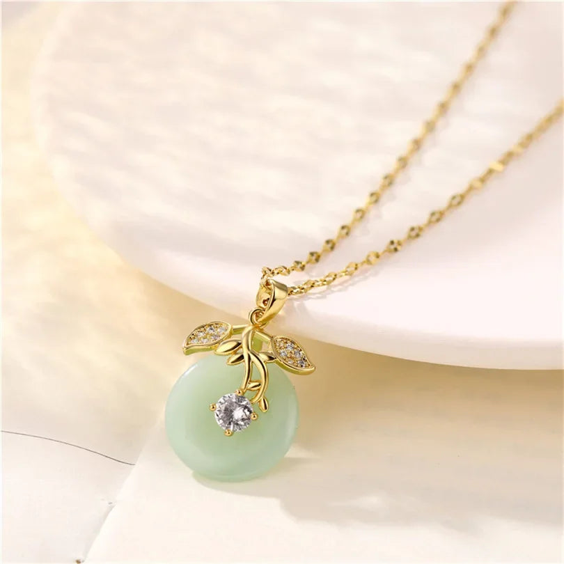 18k Gold Plated Titanium Steel Chain Fashion Chinese Style Imitation Jade Lucky Leaf Pendant Necklace Anniversary Gift