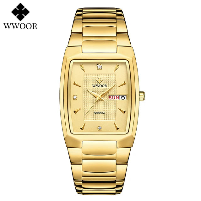 WWOOR Luxury Men's Wristwatch Top Brand Fashion Square Dial Stainless Steel Calendar Waterproof Men Quartz Watches Casual Clock
