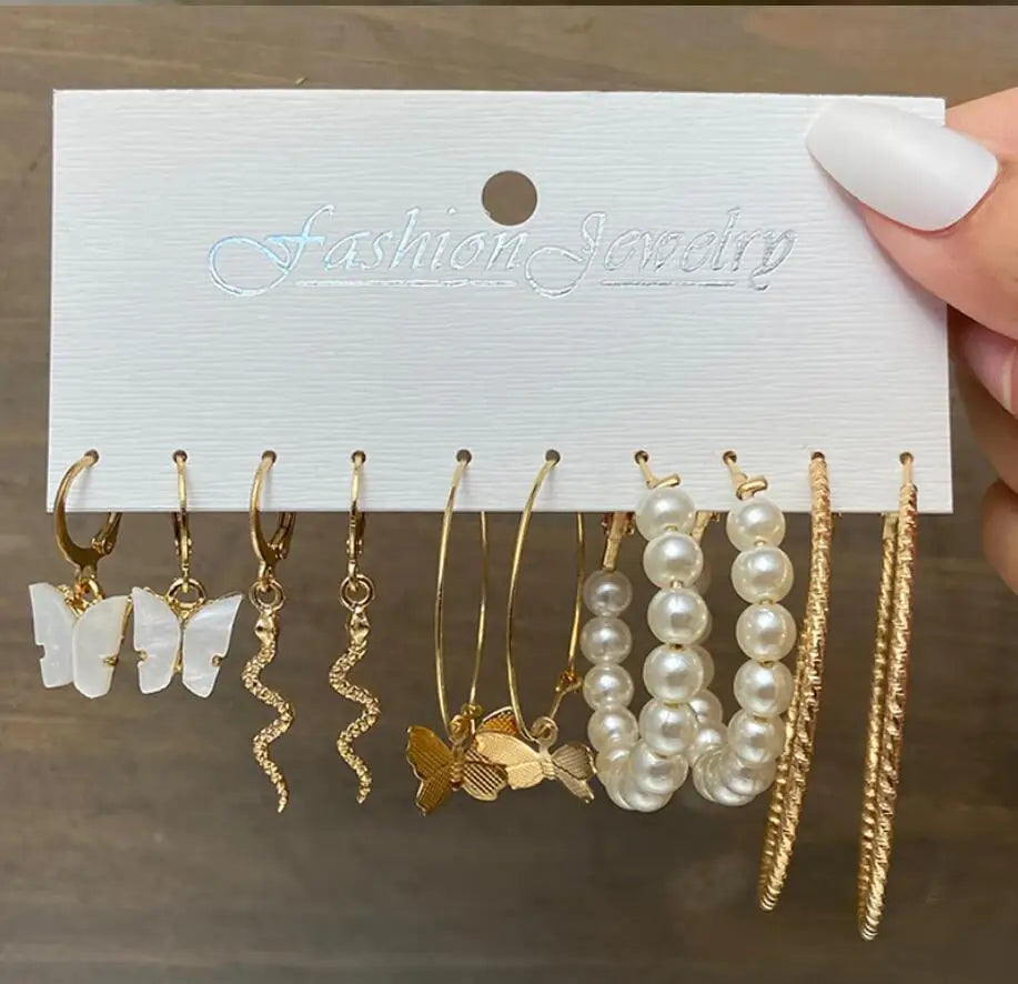 High-end, niche, fashionable and elegant women's jewelry pearl butterfly snake-shaped earrings set bow earrings