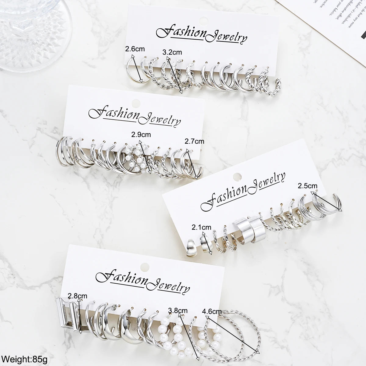 24 Pcs Fashion Vintage Hoop Earrings Set for Women Boho Metal Circle Geometric Twist Pearl Studs Earrings Trendy Jewelry Gifts