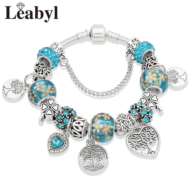 Antique Tibetan Silver Tree of Life Charm Bracelets Green Crystal Flower Bead Bracelet with Heart Diy Jewelry Pulsera Mujer