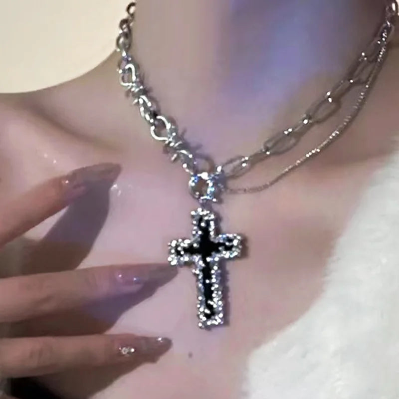 2025 Y2K Pearl Cross Pendant Necklace Hip Hop Retro Women Religious Zircon Chain Necklaces Girls Punk Party Trendy Jewelry Gifts