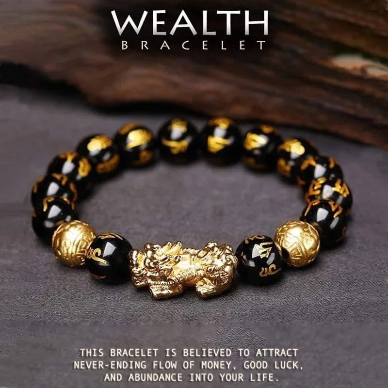 1pc Black Obsidian Stone Beads Pixiu Bracelet for Wealth Luck, Lucky Bracelet for Women Men