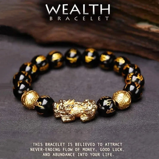 1pc Black Obsidian Stone Beads Pixiu Bracelet for Wealth Luck, Lucky Bracelet for Women Men
