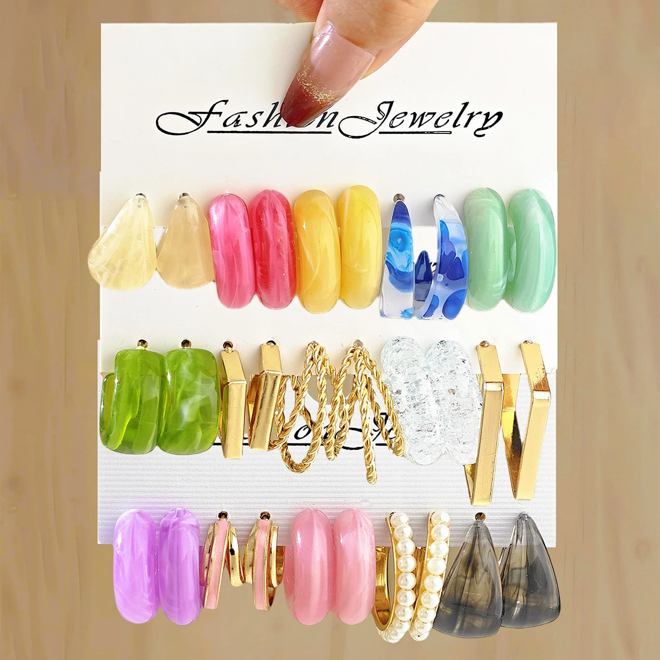 Bohemian Colorful C Shape Acrylic Hoop Geometric Square Metal Earrings Set