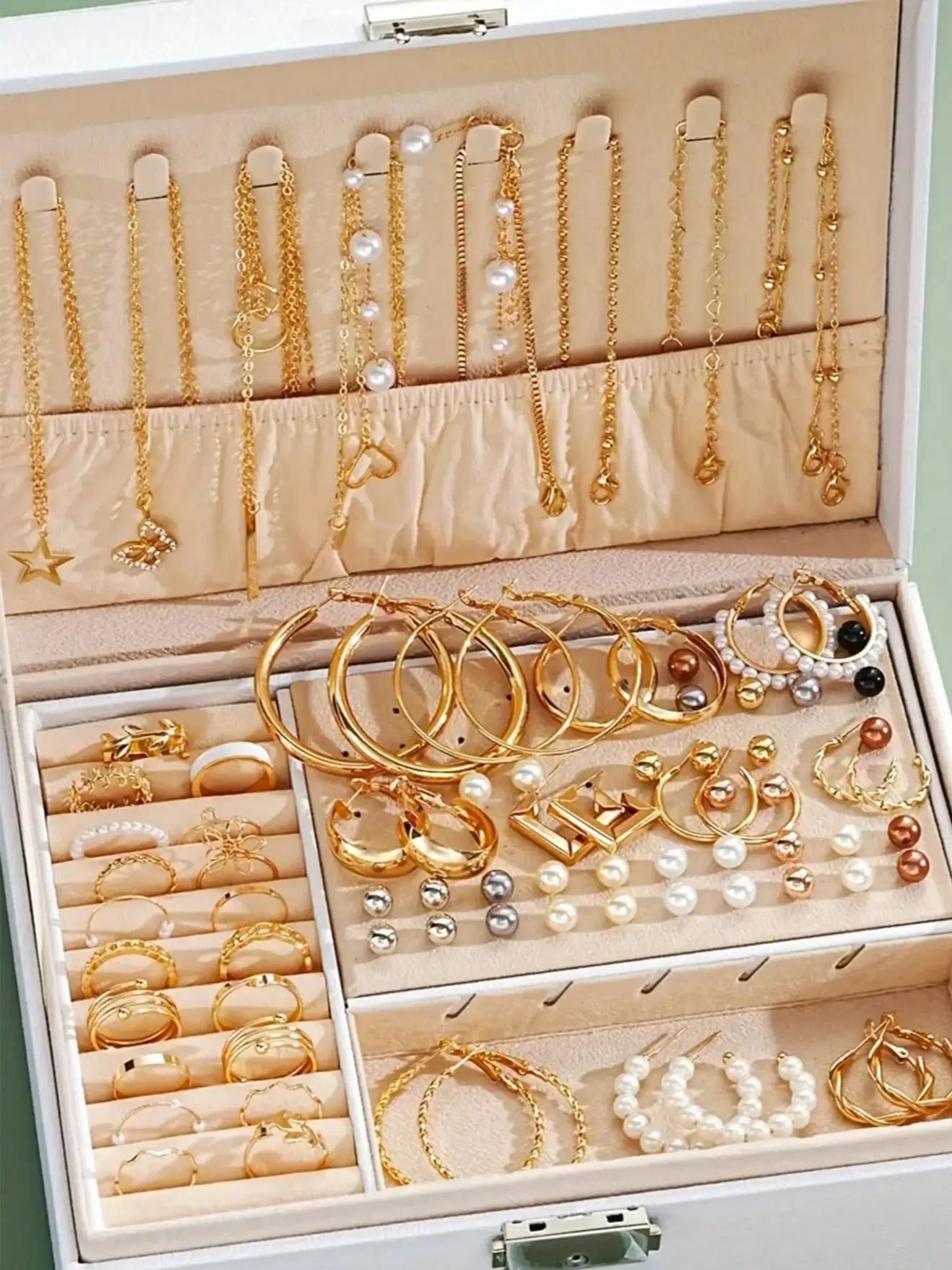 86pcs/Set Elegant Pearl Earrings Multi-Layered Necklace Ear Studs Rings 4-In-1 Jewelry Set For Women Daily Wear Gift (No Box)