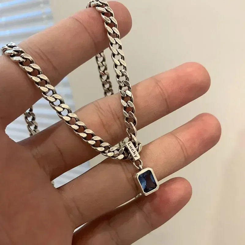 Personality Square Blue Zirconia Necklace Cuban Type Choker Matching Party Fashion Exquisite Women's Jewelry
