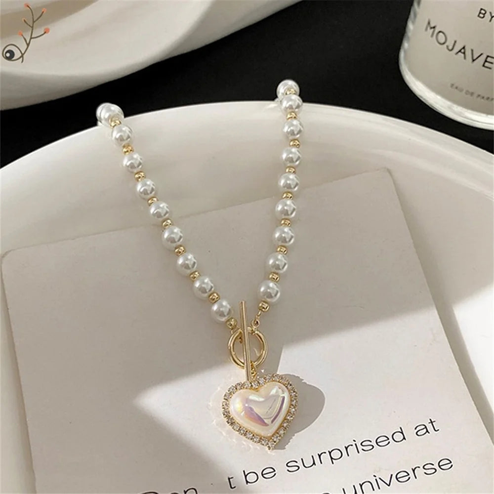 Elegant Pearl Necklace For Women Heart Pendant Necklaces Luxury Imitation Pearls Chain Necklaces Korean Jewelry Girls Gifts