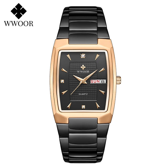 WWOOR Luxury Men's Wristwatch Top Brand Fashion Square Dial Stainless Steel Calendar Waterproof Men Quartz Watches Casual Clock