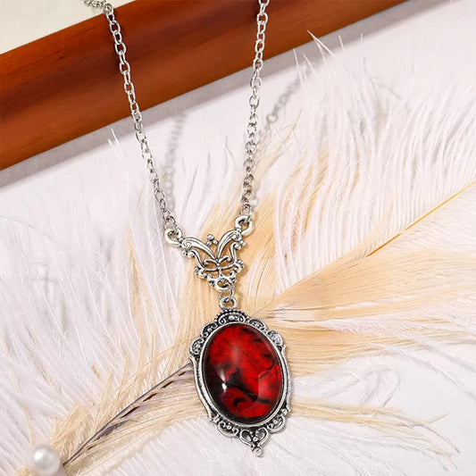 Vintage Red Stone Pendant Necklace For Women Silver Ox Color Hollowout Metal Oval Shape Stone Retro Bohemia Necklace Jewelry