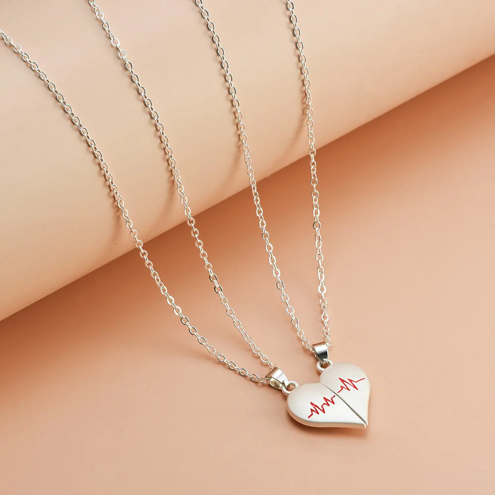 2Pcs Electrocardiogram Couple Necklaces for Lovers Boys Girls Stainless Steel Magnetic Heart Pendant Jewelry Valentines Day Gift