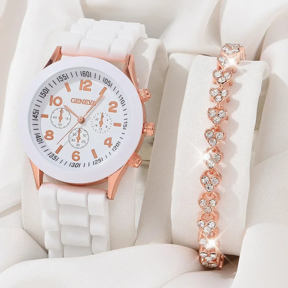 5/2PCS Set Luxury Watch Women Ring Necklace Earrings Rhinestone Wristwatch Female Casual Ladies Watches Bracelet Clock (No Box)