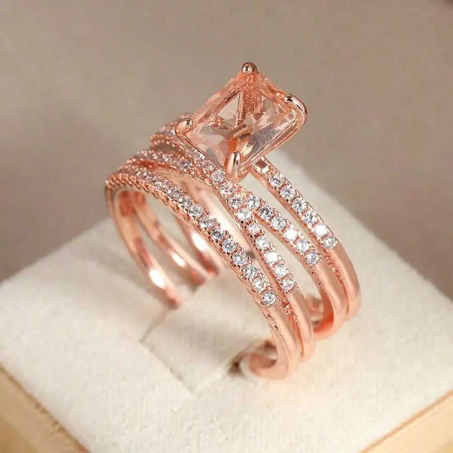 Fashion Multilayer Morganite Ring Rose Gold Color Champagne crystal stone Rings for Women Wedding Band Jewelry Mother days Gifts