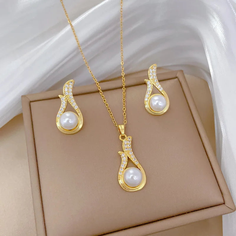 DIEYURO 316L Stainless Steel Butterfly Flower Bowknot Necklace Earrings For Women Girl New Concise Trendy Jewelry Set Gift Party