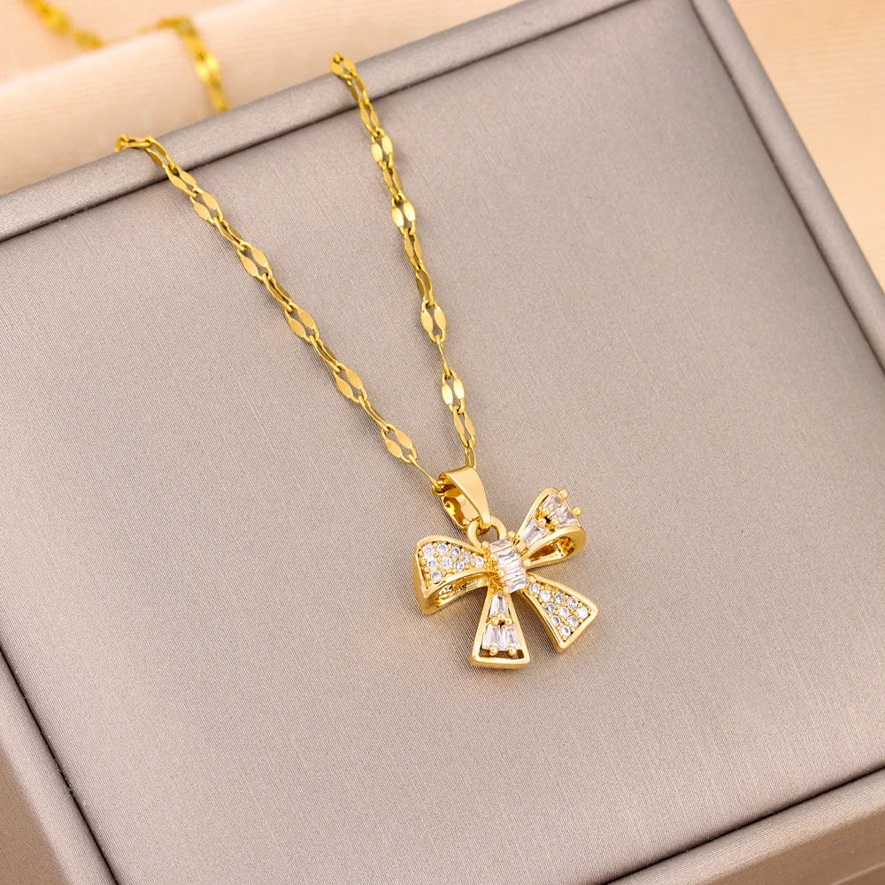 Trendy 18K Gold Plated Zircon Crystal Pendant Stainless Steel Necklace For Women Female Clavicle Chain Jewelry Lady Accessories