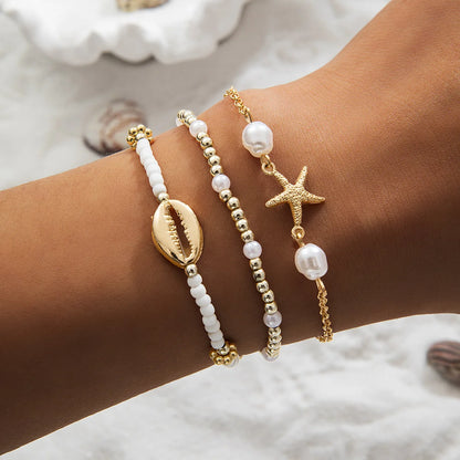 Bohemian Shell Starfish Bead Bracelet Set for Women Fashion Summer Beach Multilayer Stacked Pearl Bracelets Party Jewelry Gifts