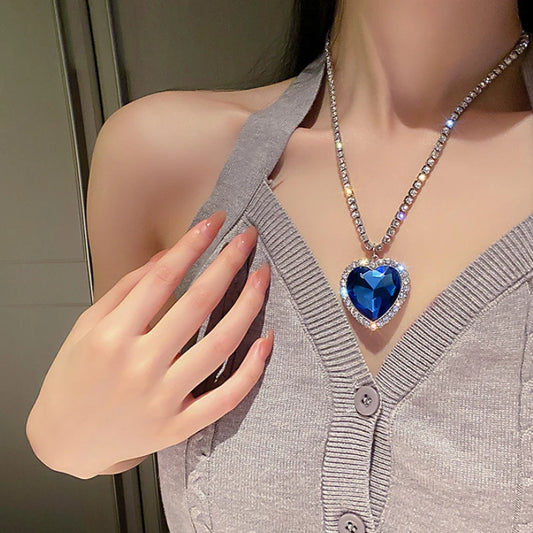 Titanic Heart Of Ocean Blue Crystal Love Heart Pendant Necklace for Women Full Rhinestone Chain Collar Lover Forever Jewelry