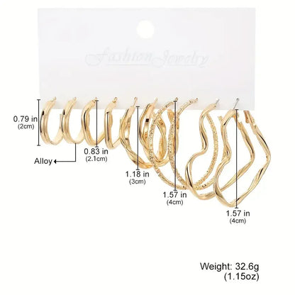 16 Pairs Set Of Hoop Earrings Twisted Love Heart Geometric Square Design Jewelry Elegant Simple Style Big Set Gift For Women New