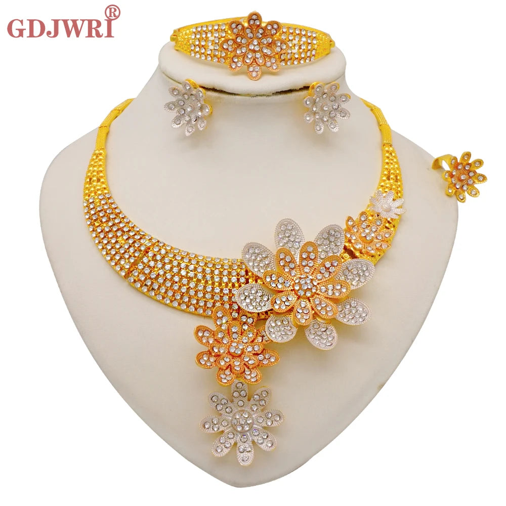 Dubai Gold Color Jewelry Set For Woman Bridal Nigerian African Long Chain Necklace Earrings Bracelet Ring Jewellery Set