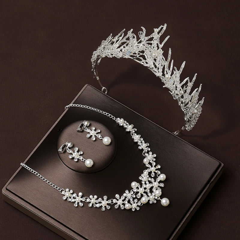 Itacazzo Bridal Headwear Set Crown Necklace Earrings Four Piece Classic Tiaras Suitable for Women's Wedding and Birthday Parties