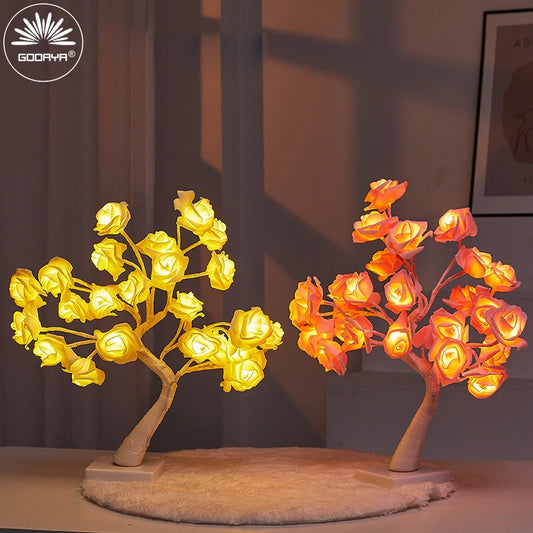 Rose Blossom Tree Night Light LED Lighted Tabletop Artificial Flower Bonsai Tree Lamp USB Gifts for Christmas Home Decor